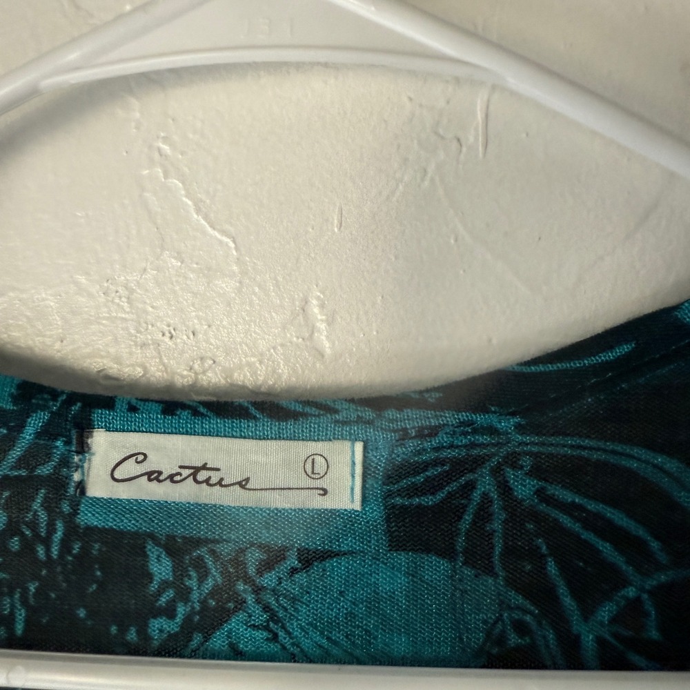 Cactus Teal Floral Rhinestone Detail Long Sleeve‎ Asymmetrical Top Boho Artsy L - Picture 4 of 8
